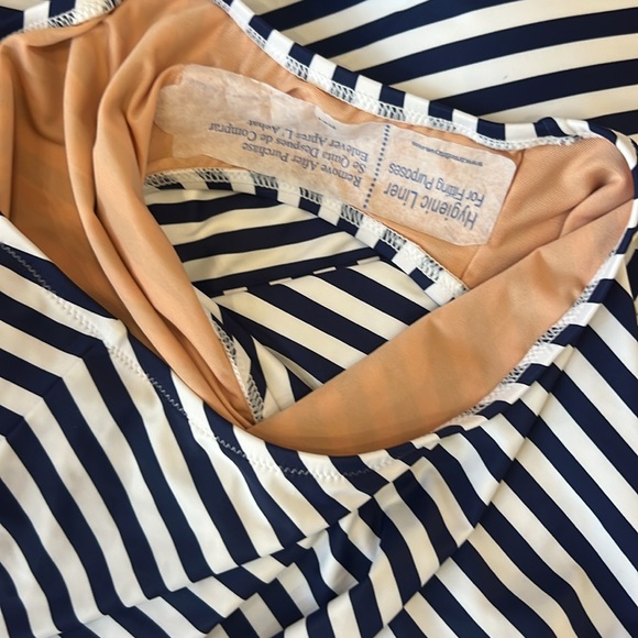 J. Crew Navy & White Stripe One Piece Swimsuit with capped sleeves & open back - Picture 5 of 5